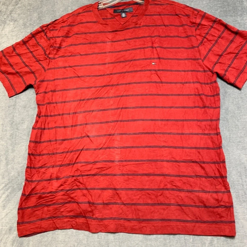 Tommy Hilfiger T Shirt Mens XL Scarlet Red Striped Crew Neck Casual Pullover